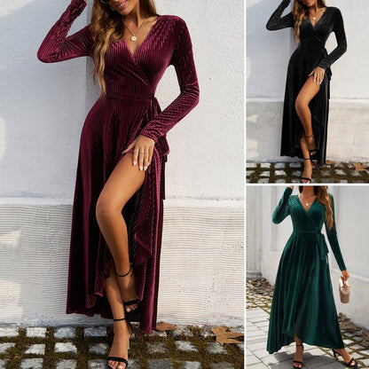 HIGH-WAIST SLIT V-NECK DRESS