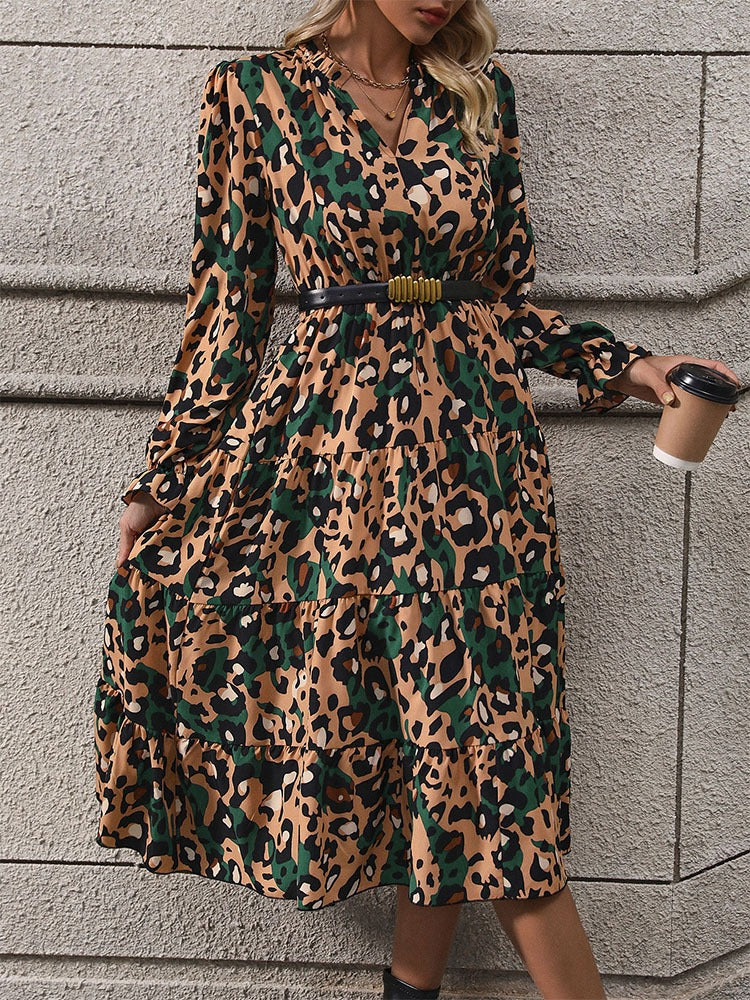 LONG-SLEEVE LEOPARD PRINT DRESS