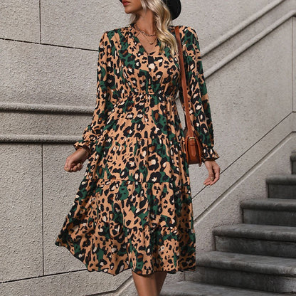 LONG-SLEEVE LEOPARD PRINT DRESS